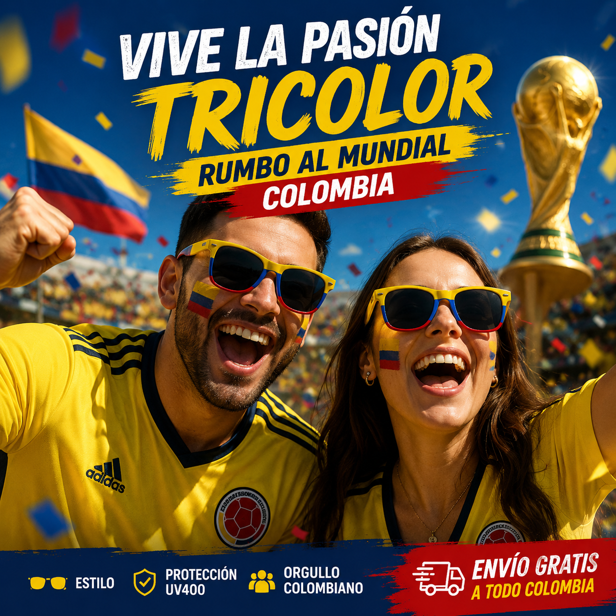 Edición Mundial: Las gafas Tricolor que todos buscan 🥇 ¡Lleva a Colombia contigo en cada partido!